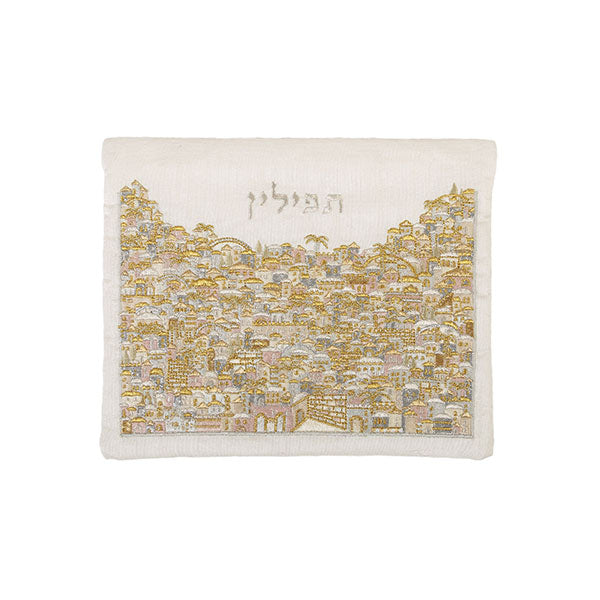 תיק לתפילין - רקמה מלאה - ירושלים -כסף + זהב