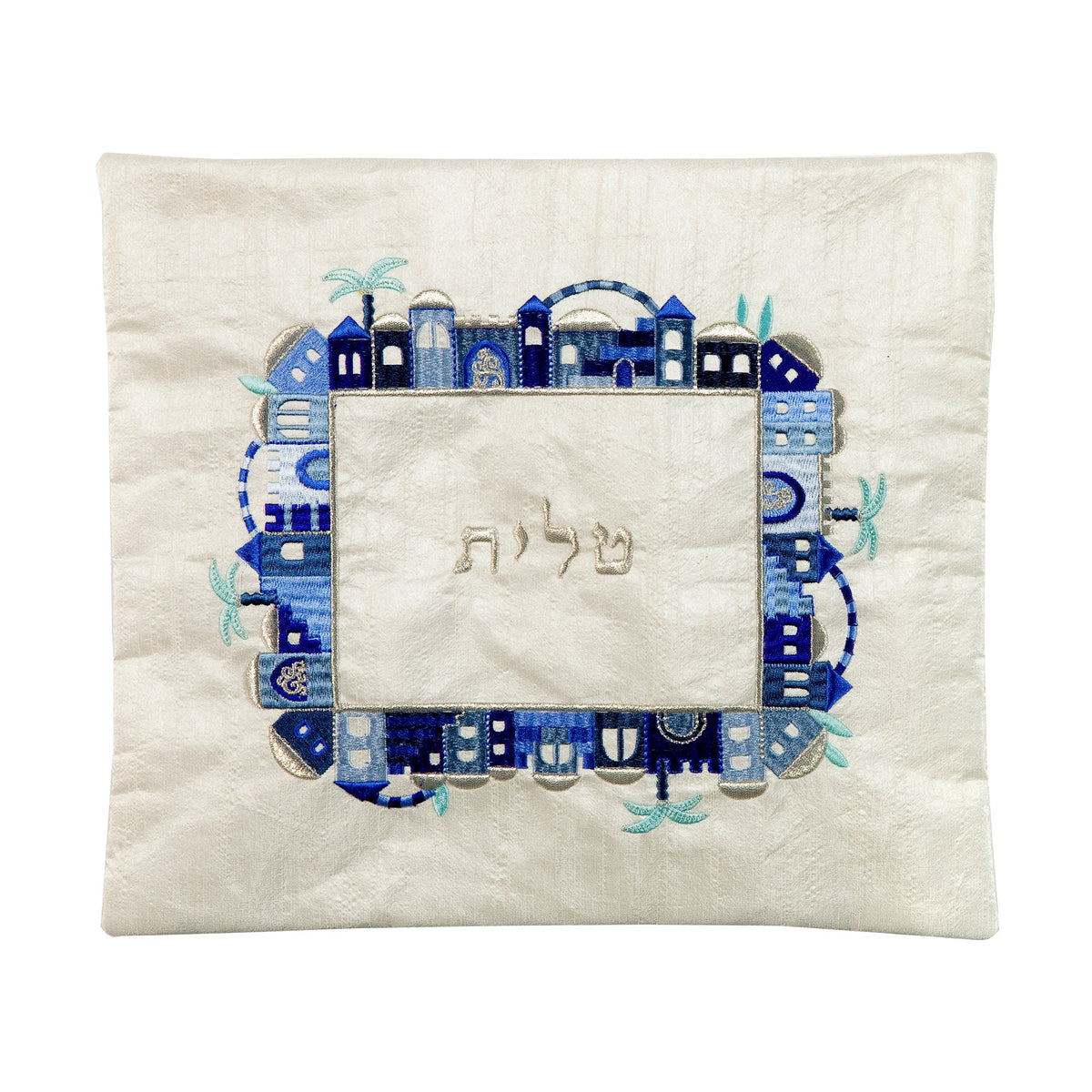 תיק לטלית - רקמת מכונה - ירושלים - כחול על לבן