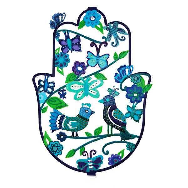 Large Hamsa + Enamel Lacquer - Birds + Flowers - Blue