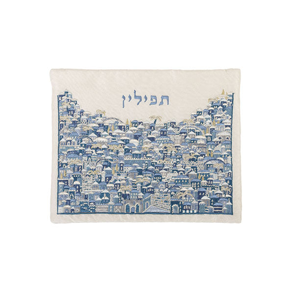 תיק לתפילין - רקמה מלאה - ירושלים-כחול