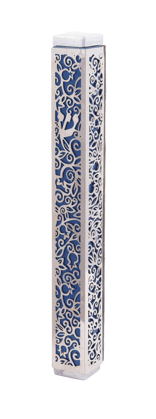 Mezuzah + Full Metal Cutout - Pomegranates - Blue