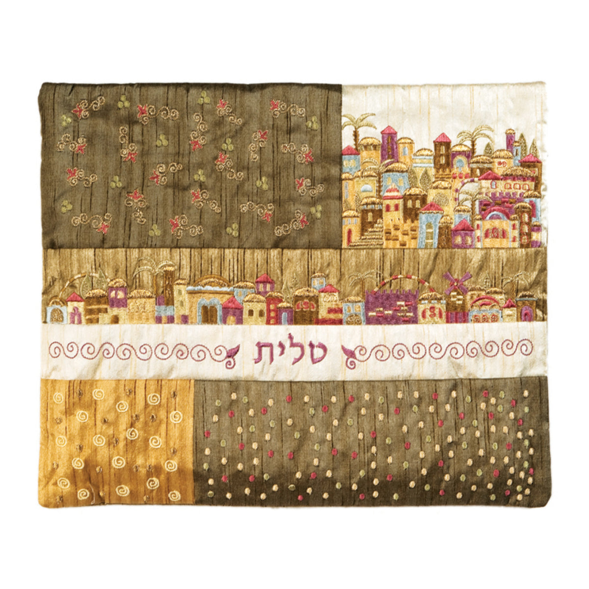 תיק טלית - פאצ`ים + רקמה - ירושלים חום