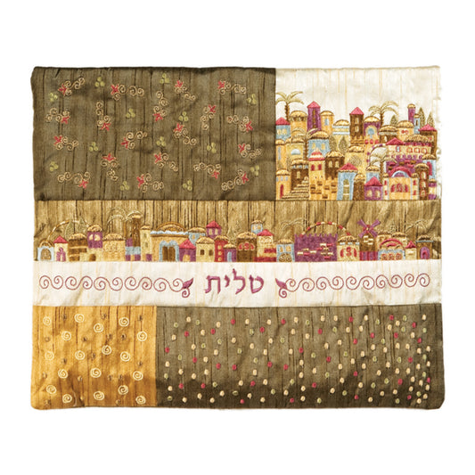 תיק טלית - פאצ`ים + רקמה - ירושלים חום