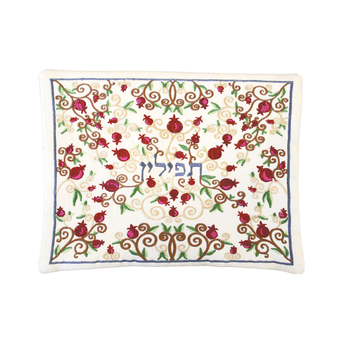 תיק תפילין - רקמת מכונה - רימונים מלא - לבן