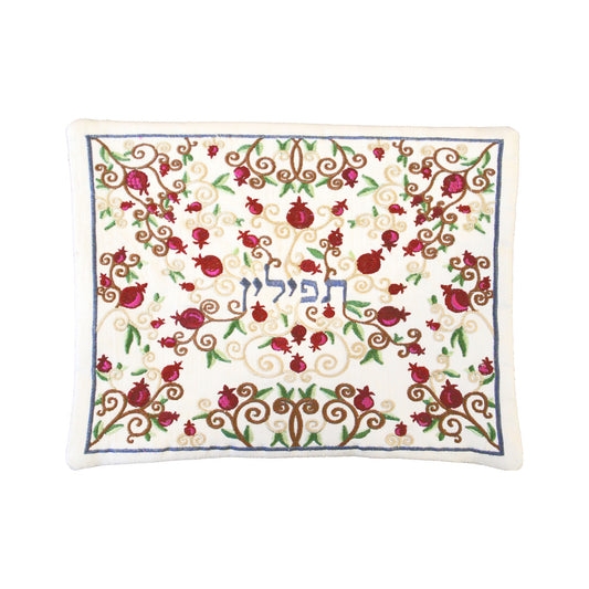 תיק תפילין - רקמת מכונה - רימונים מלא - לבן