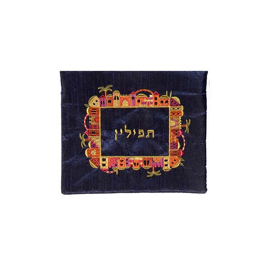 תיק תפילין - רקמת מכונה - ירושלים - צבעוני על כחול