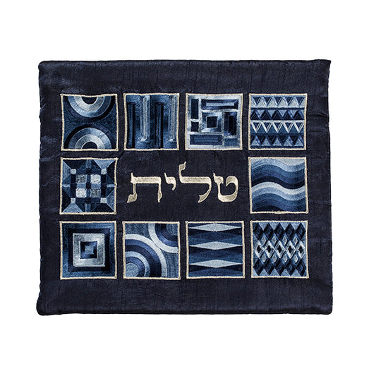 תיק טלית - רקמה מלאה - מרובעים - כחול