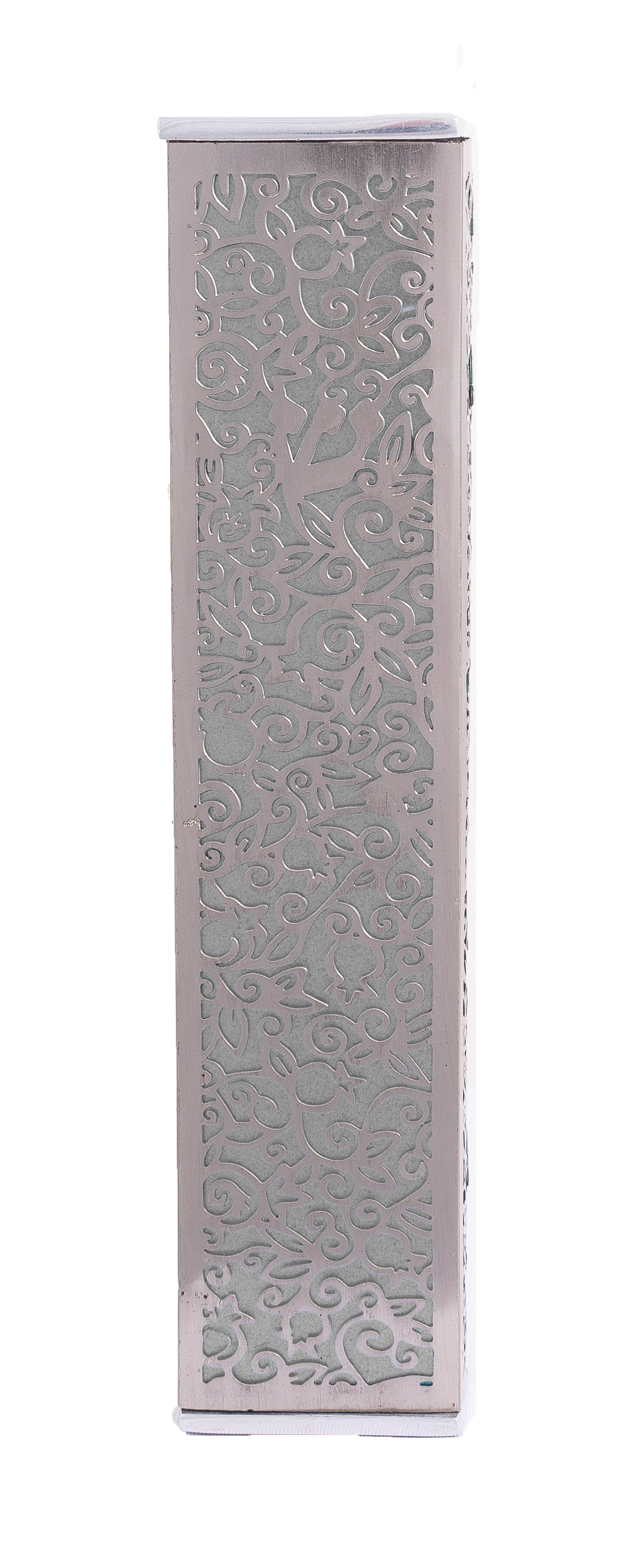 Wide Mezuzah + Metal Cutout - Pomegranates - Stainless Steel