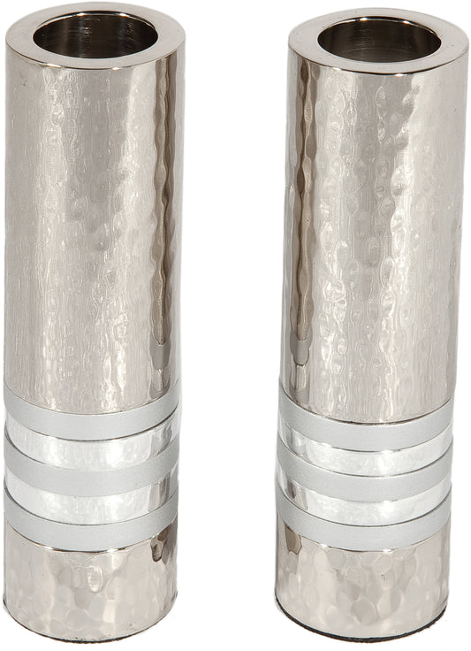 Cylinder Candlesticks - Hammer Work + Rings -Silver