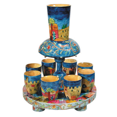 Kiddush Fountain + 8 Cups - Hand Painted - Jerusalem