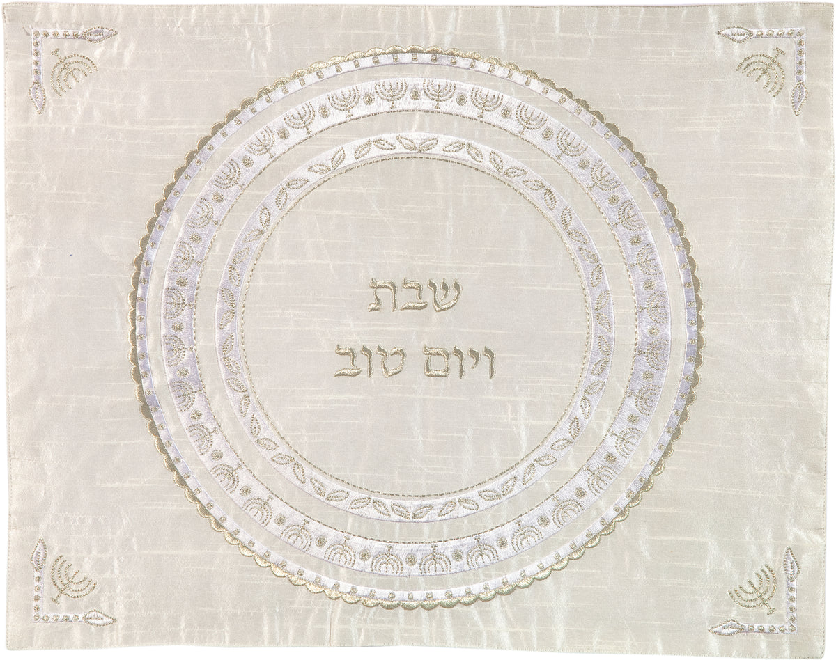 כיסוי חלה - רקמה - עיגול + מנורות - כסף