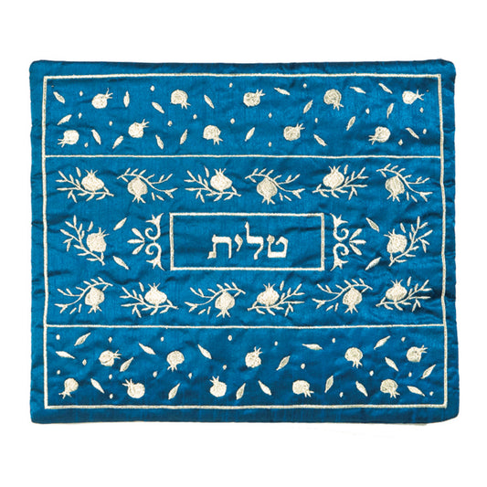 תיק טלית - רקמת מכונה - רימונים מפוזר כחול + כסף