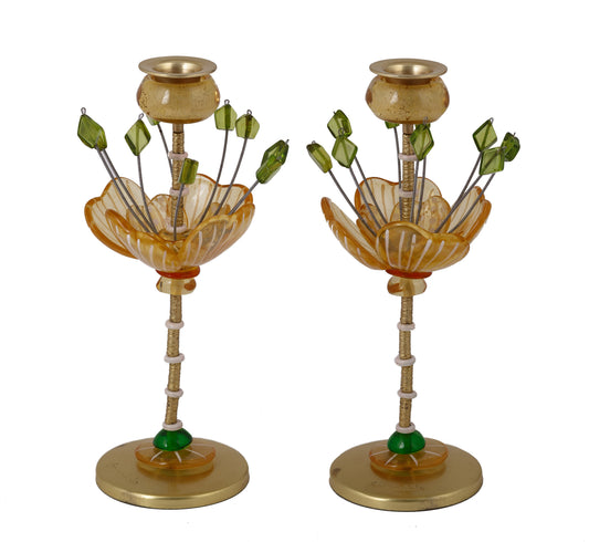 Candlesticks - Polyester - Flower Yellow/ Green 25 cm