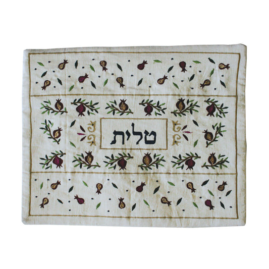 תיק טלית - רקמת מכונה - רימונים מפוזר לבן