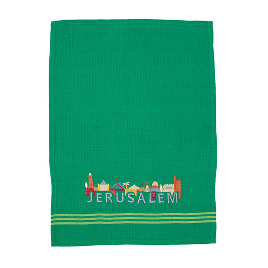 מגבת מטבח + רקמה 60×45 ס״מ בתים + JERUSALEM - ירוק