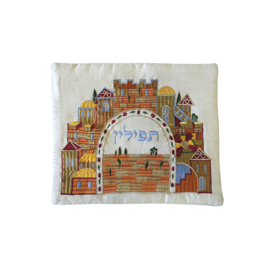 תיק תפילין - רקמת מכונה - ירושלים - לבן