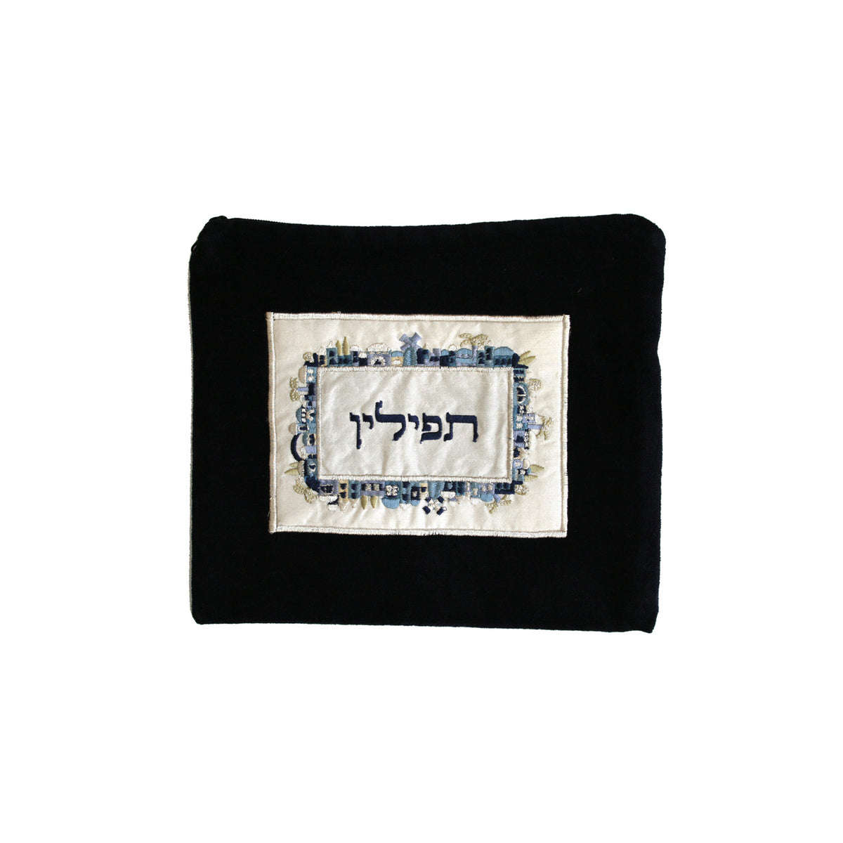 Tefillin Bag - Velvet + Embroidered Applique - Jerusalem Blue