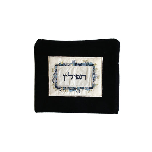 תיק תפילין - קטיפה + אפליקציה - ירושלים - כחול