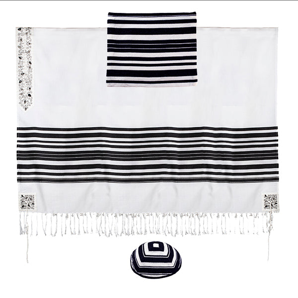 טלית 170 ס״מ פסים ארוגים + פינות ועטרה רקומות - רימונים שחור