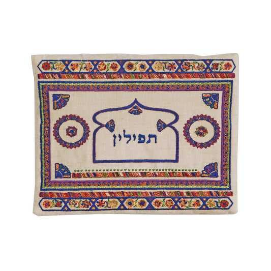 תיק תפילין - פשתן + רקמה - כהה