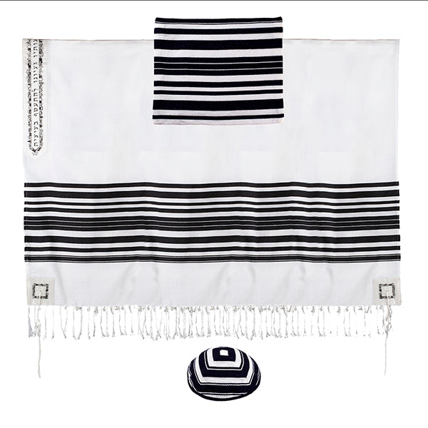 טלית 170 ס״מ פסים ארוגים + פינות ועטרה רקומות - ירושלים שחור