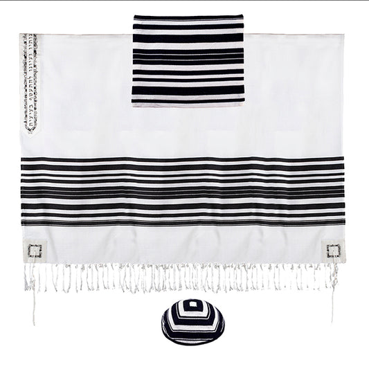 טלית 170 ס״מ פסים ארוגים + פינות ועטרה רקומות - ירושלים שחור