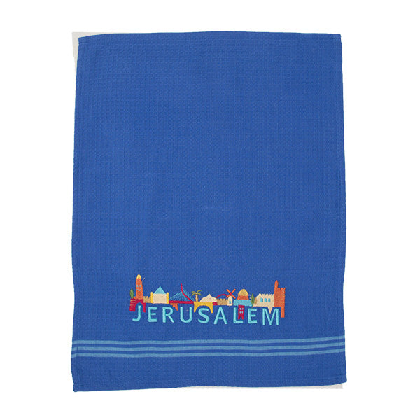 מגבת מטבח + רקמה 60×45 ס״מ בתים + JERUSALEM - כחול