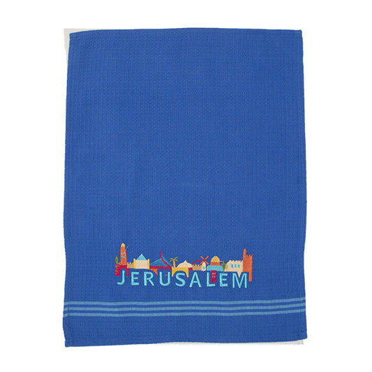 מגבת מטבח + רקמה 60×45 ס״מ בתים + JERUSALEM - כחול