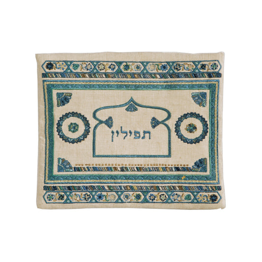 תיק תפילין - פשתן + רקמה - כחול