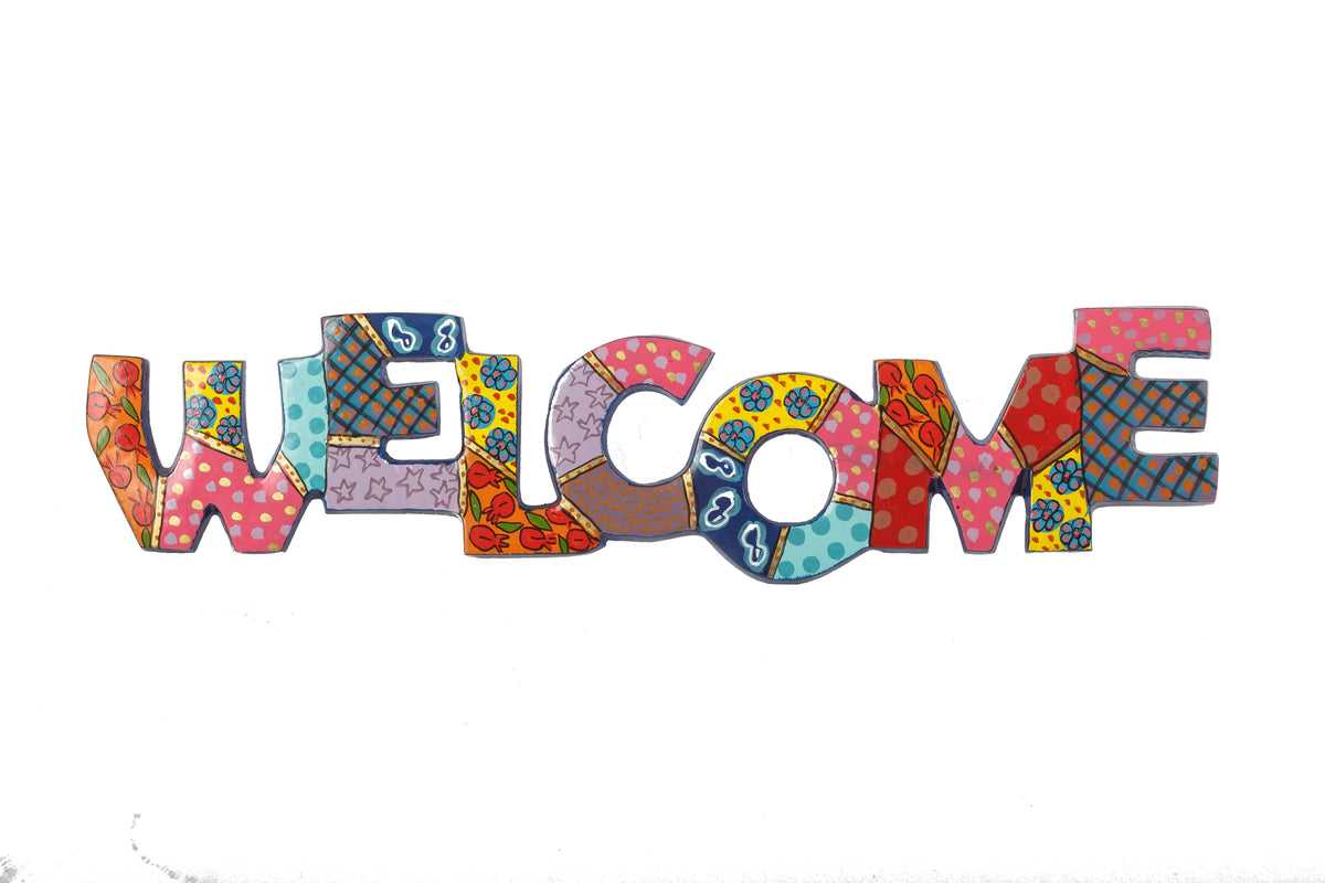 מתלה קיר מתכת + ציור יד - WELCOME