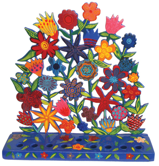 Hanukkah Menorah - Hand Painted Laser Cut - Flowers