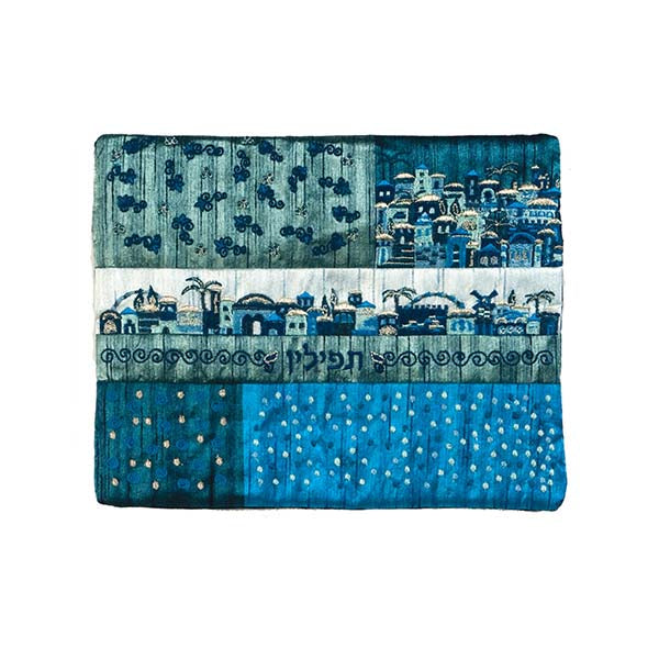 Tefillin Bag - Embroidery + Patches - Jerusalem Blue