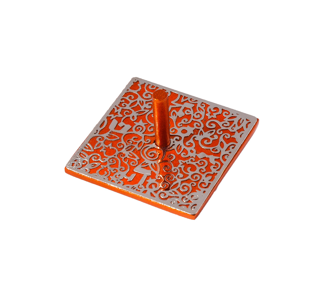 Flat Dreidl + Metal Cutout - Orange + Silver