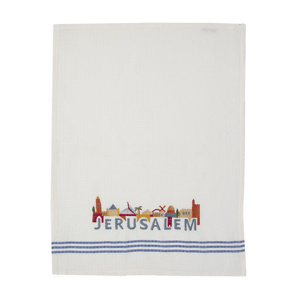 מגבת מטבח + רקמה 60×45 ס״מ בתים + JERUSALEM - לבן