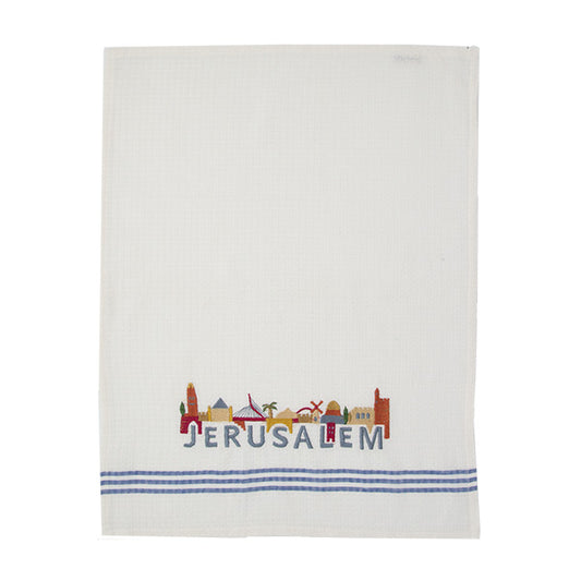 מגבת מטבח + רקמה 60×45 ס״מ בתים + JERUSALEM - לבן