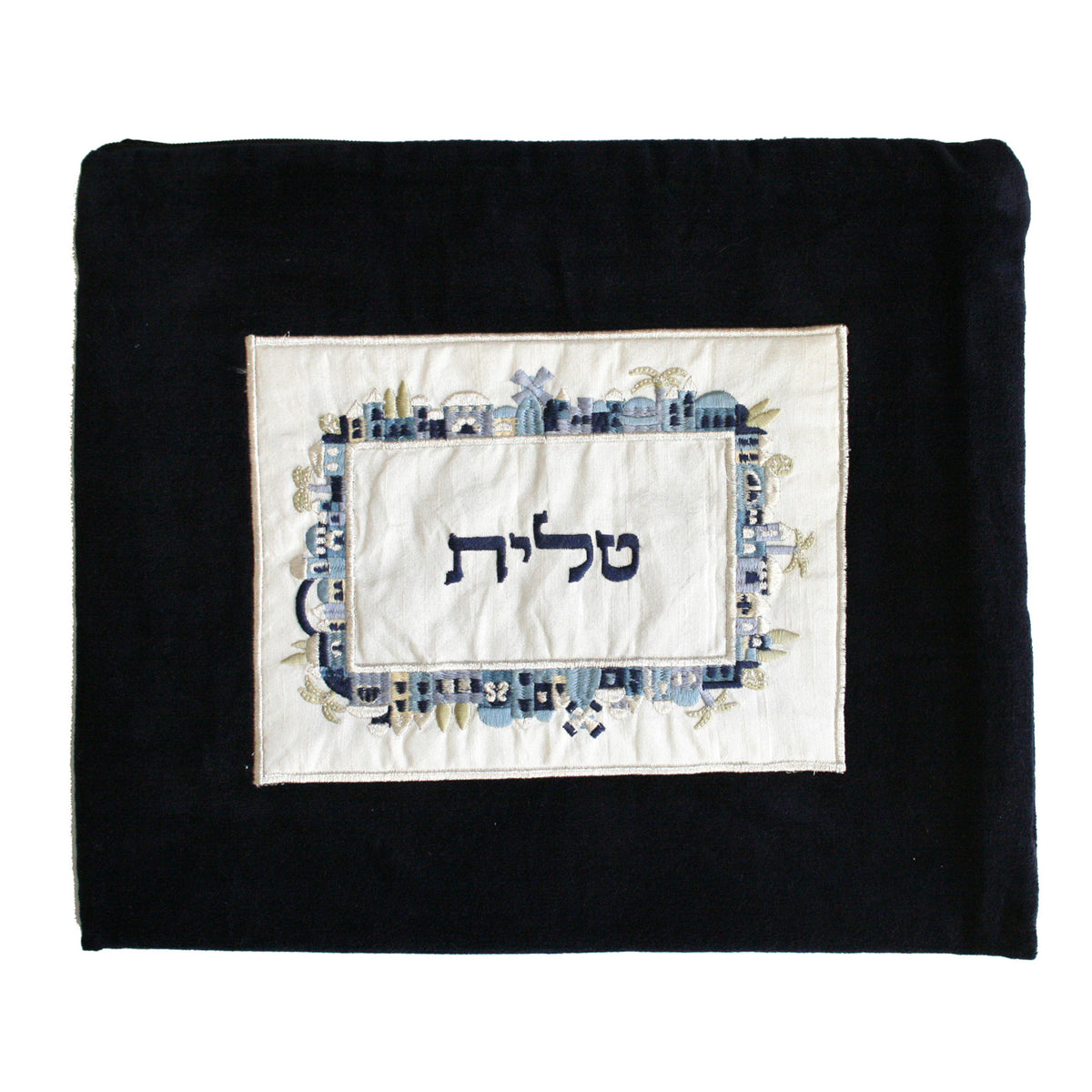 תיק טלית - קטיפה + אפליקציה - ירושלים - כחול