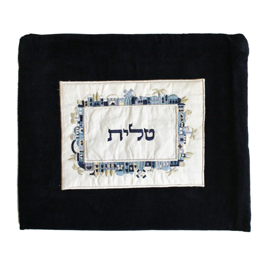 תיק טלית - קטיפה + אפליקציה - ירושלים - כחול