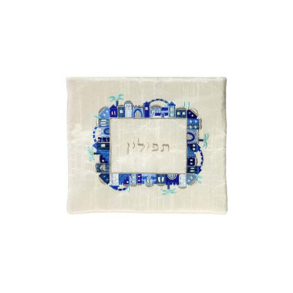 תיק תפילין - רקמת מכונה - ירושלים - כחול על לבן