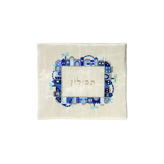 תיק תפילין - רקמת מכונה - ירושלים - כחול על לבן
