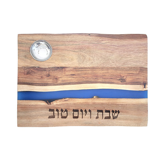 קרש חלה מלבן - עץ שיטה + פס כחול