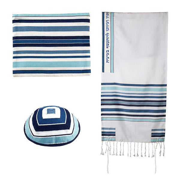 טלית 52 ס״מ פסים ארוגים + עטרה ברכה - כחול