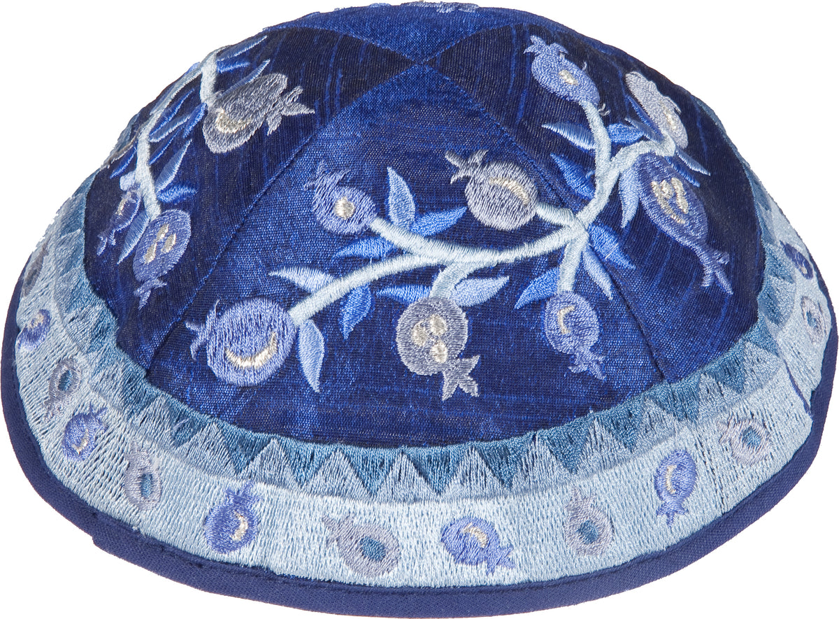 Kippah - Embroidered - Pomegranates - Blue