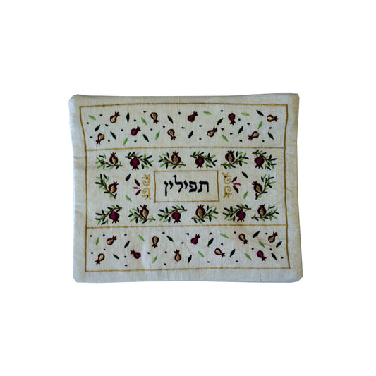 תיק תפילין - רקמת מכונה - רימונים מפוזר - לבן