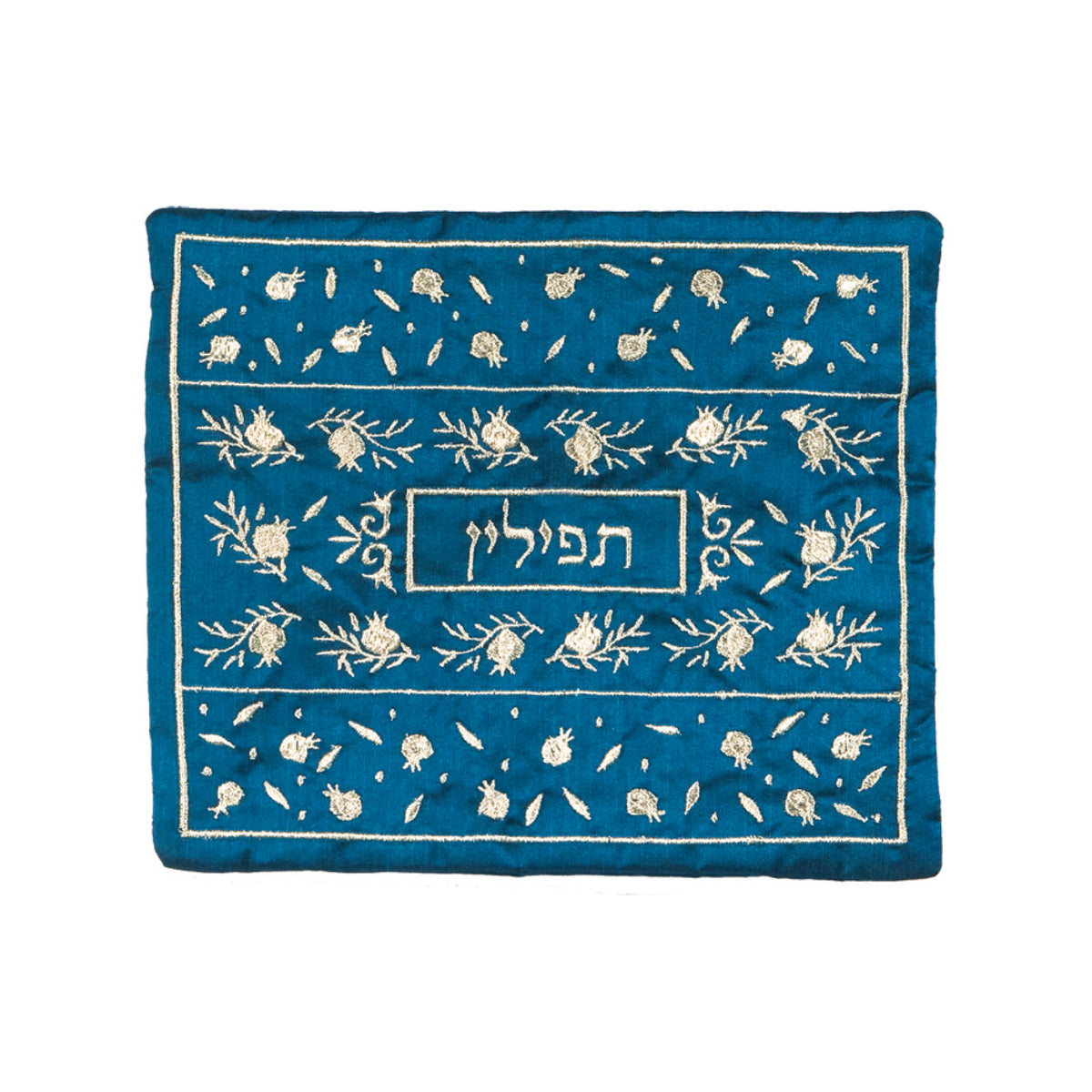 תיק תפילין - רקמת מכונה - רימונים מפוזר - כחול + כסף