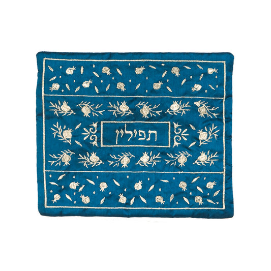 תיק תפילין - רקמת מכונה - רימונים מפוזר - כחול + כסף