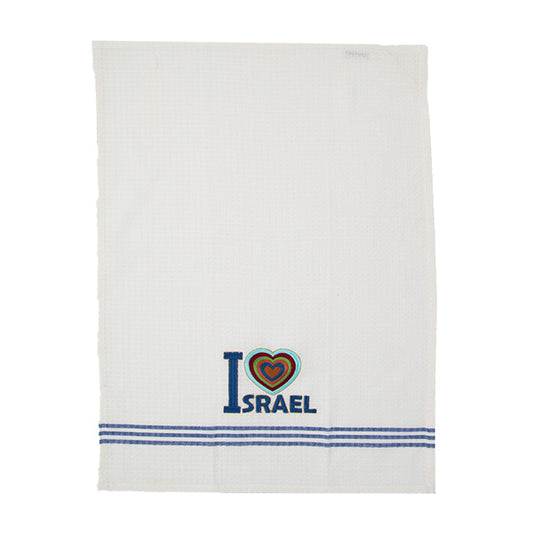 מגבת מטבח + רקמה 60×45 ס״מ לב + ISRAEL - לבן