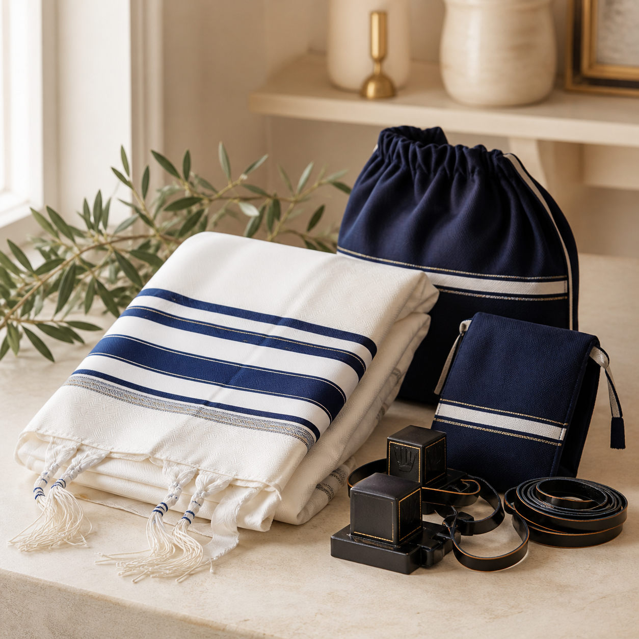 Bar Mitzvah gifts – tallit and coordinated tallit and tefillin bags in blue and white