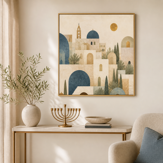 יודאיקה ועיצוב הבית – אמנות קיר בהשראת ירושלים וחנוכייה דקורטיבית